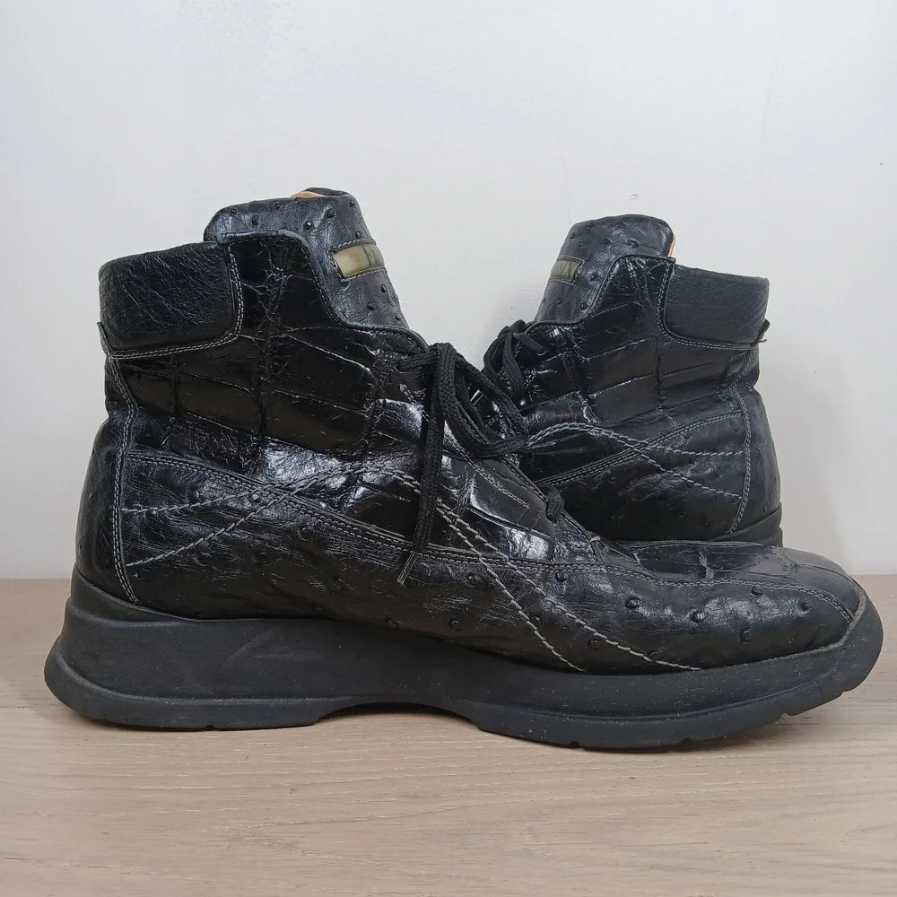 Rare Fennix Italy Exotic Ostrich Leather Boots Men 46 Black High Top Square Toe